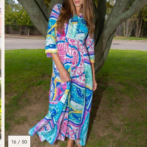 Sesto Senso Italian Linen Printed Button Up Maxi Shirtdress Medium Europe - Picture 1 of 12